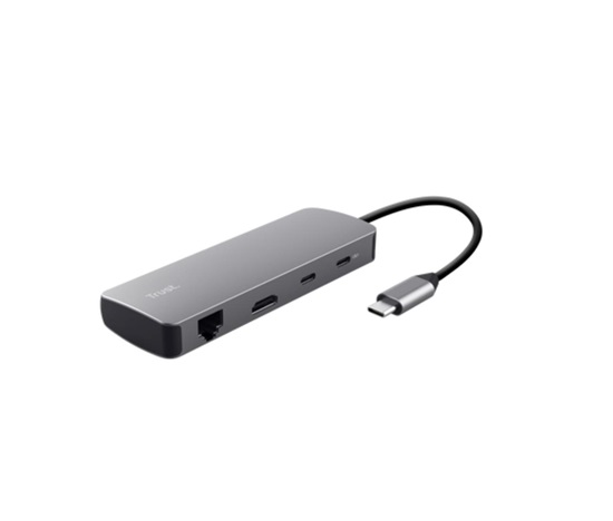 TRUST Dokovací stanice DALYX USB-C, 8v1, HDMI, RJ45, 2xUSB-C, 2xUSB-A, microSD/SD karta, šedá