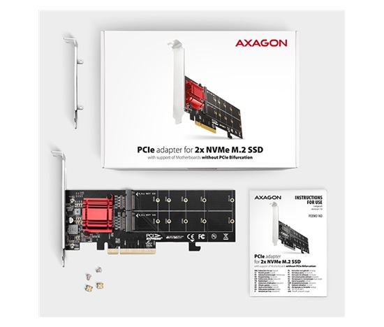 POUŽITÉ (SECOND HAND) - AXAGON PCEM2-ND, PCIe x8 řadič - 2x M.2 NVMe M-key slot, RAID, podpora desek bez bifurkace, vč.