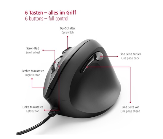 BAZAR - Hama vertikální ergonomická kabelová myš EMC-500, 6 tlačítek, černá (poškodený obal )