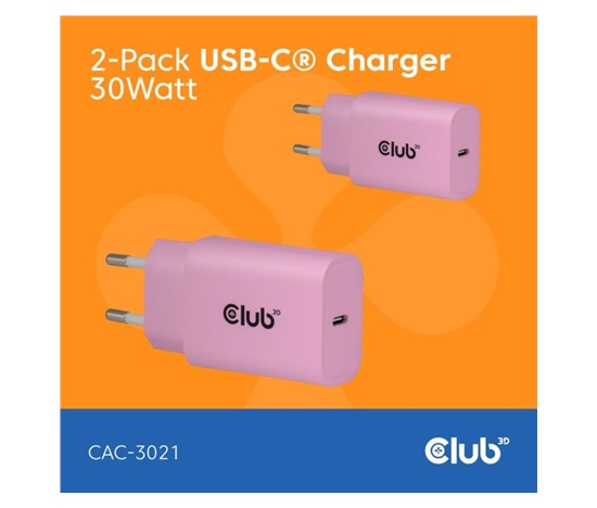 Club3D Nabíječka, USB-C, Power Delivery 15V/2A, 2-pack, růžová