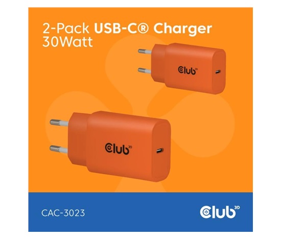 Club3D Nabíječka, USB-C, Power Delivery 15V/2A, 2-pack, oranžová