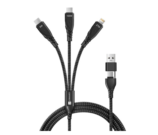CONNECT IT Nabíjecí kabel Wirez 6v1, USB-C/USB, Lightning + 2x USB-C, 1.25m, černá