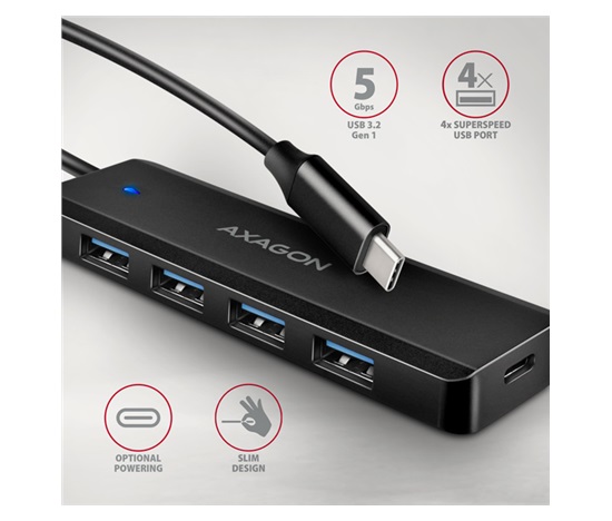 BAZAR - AXAGON HUE-C1C, 4x USB 5Gbps TRAVEL hub, USB-C napájecí konektor, kabel USB-C 19cm - Po opravě