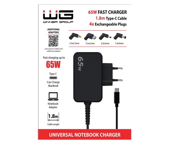 WG - Univerzální nabíječka 65W pro notebook s Type-C konektorem, + 4 adaptéry, kabel 1,8 metrů