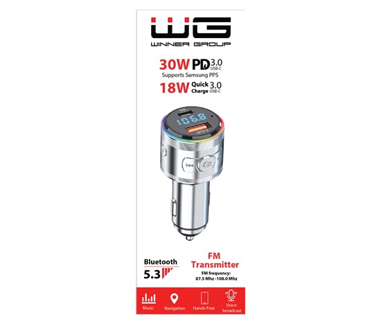 WG - Nabíječka do auta, Transmitter FM, USB-A QC 3.0 18W + USB-C PD 30W, stříbrná