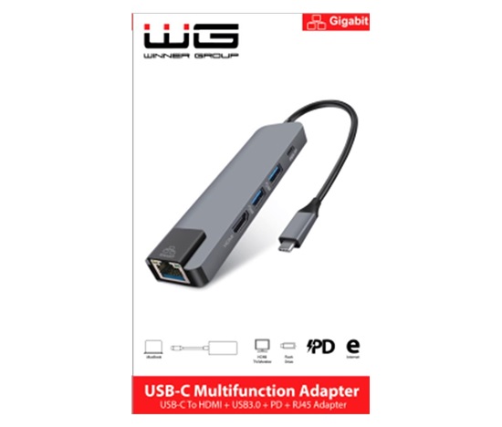 WG - HUB Type-C  4 v1, HDMI + RJ45 + USB3.0, hliníkový