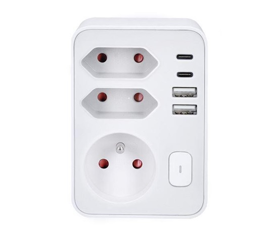 Solight rozbočka, 1x 16A + 2x 2,5A, 2xUSB A+C, bílá, vypínač