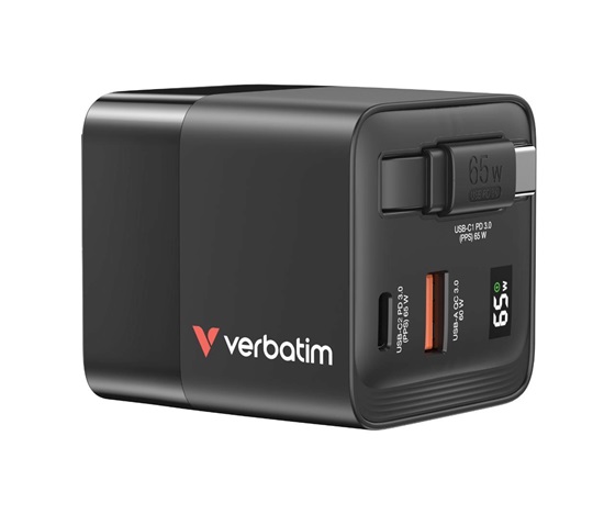 VERBATIM GaN Nabíječka do sítě, S kabelem, USB-C, USB-A, černá