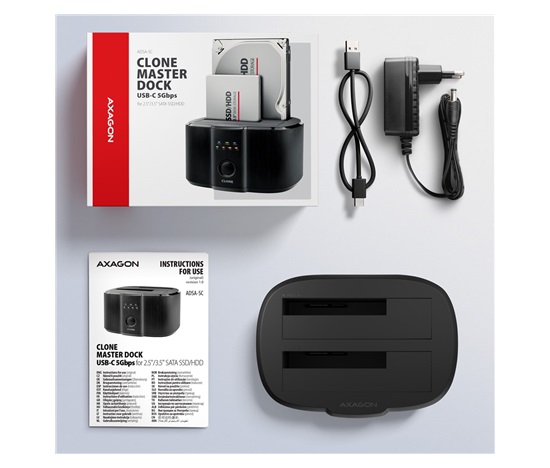 AXAGON ADSA-SC, stacja dokująca USB-C 5Gbps dla 2× SATA 6G 2.5"/3.5" SSD/HDD z funkcją klonowania
