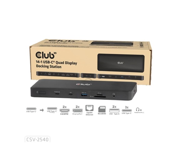 Club3D Dokovací stanice USB-C 14v1, 2xHDMI, 2xDP, 3xUSB-C, 1xUSB-C PD, 2xUSB, 1xRJ45, 1x3.5mm, microSD/SD, černá