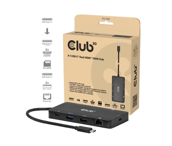Club3D Dokovací stanice USB-C 9v1, 2xHDMI, 1xUSB-C, 1xUSB-C PD, 2xUSB, 1xRJ45, microSD/SD, černá