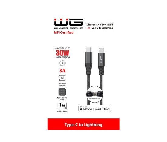 WG - Datový kabel Lightning MFi na Type-C, 1 metr, 3A, černá