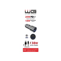 WG - Nabíječka do auta 2x USB 38W, 1x USB-A + 1x USB-C, kabel USB-A na USB-C, stříbrná