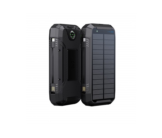 WG - Power Bank 20000 mAh, solarní panel + bezdrátové nabíjení 15W + svítilna + kompas, USB-C PD 20W, černá