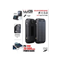WG - Power Bank 20000 mAh, solarní panel + bezdrátové nabíjení 15W + svítilna + kompas, USB-C PD 20W, černá
