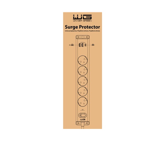 WG - Přepěťová ochrana 5 slotů + 2x USB-A + 1x USB-C, kabel 1,5 metru, bílá