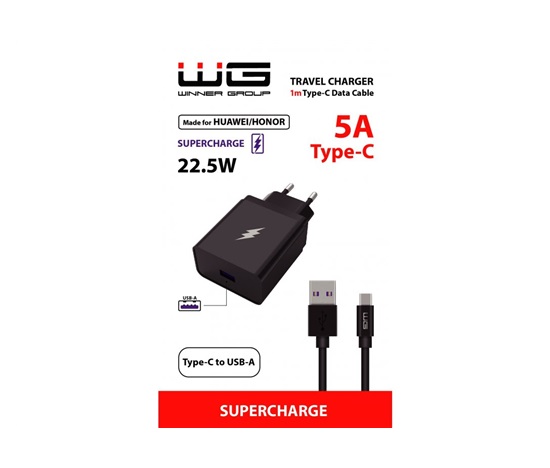 WG - Síťová nabíječka 1x USB-A 22,5W, SuperCharge, 5V-9V-12V, + kabel USB-A na Type-C (5A), černá
