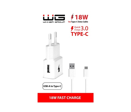 WG - Síťová nabíječka 1x USB-A, QC 3.0, 5V-9V-12V, kabel USB-A na Type-C, bílá