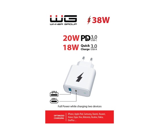 WG - Síťová nabíječka 2x USB 38W, 1x USB-C PD 20W + 1x USB-A QC 3.0 18W, bílá