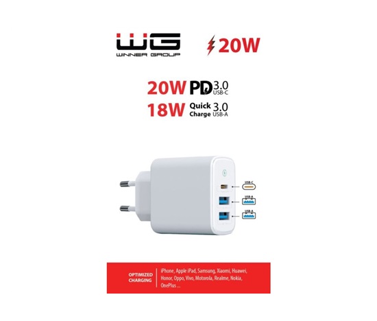 WG - Síťová nabíječka 3x USB, 1x USB-A QC 3.0 + 1x USB-A QC 3.0 + 1x USB-C PD 3.0, bílá