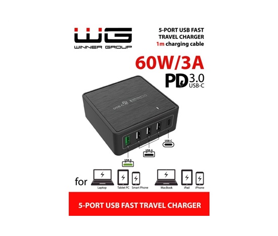 WG - Síťová nabíječka 5x USB 60W, 1x USB-A QC 3.0 + 3x USB-A Smart IC + 1x USB-C PD, černá