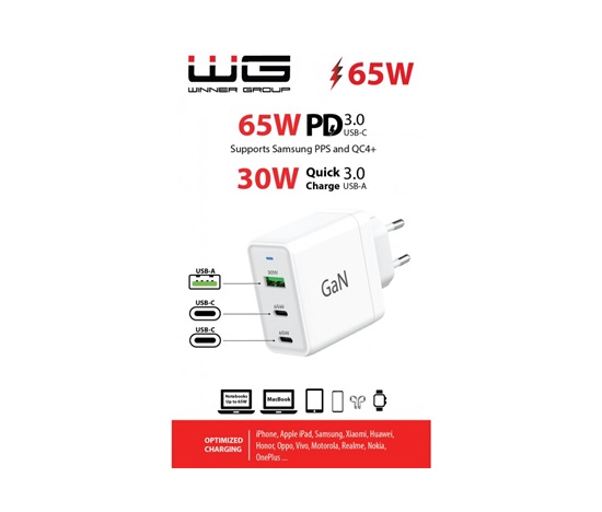 WG - Síťová nabíječka GaN 3x USB, 1x USB-A 30W + 2x USB-C 65W, bílá