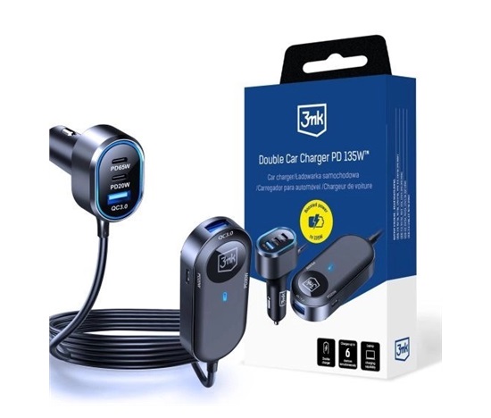 3mk Double Car Charger 135W PD QC PPS USB 2A4C Black/Gray