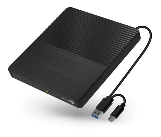 CONNECT IT Externí mechanika CD/DVD 3v1 SlimDrive, čtečka MicroSD/SD, 2xUSB, USB-A/USB-C, černá