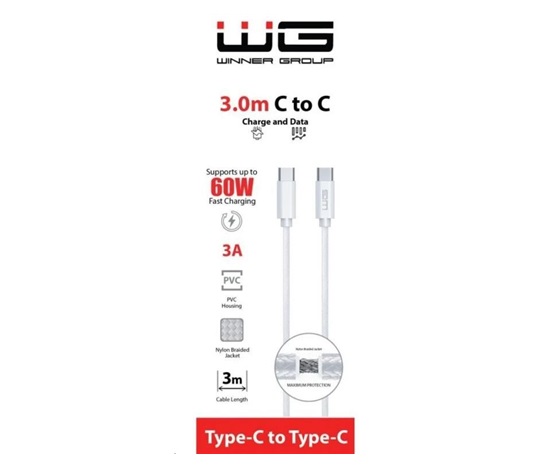 WG - Datový kabel Type-C na Type-C, 3 metry, 3A, 60W, bílá