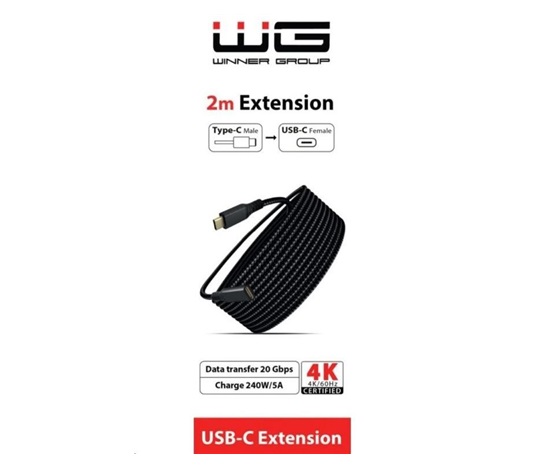 WG - Prodlužovací kabel USB-C (male) na USB-C (female), 2 metry, nylonový oplet, černá