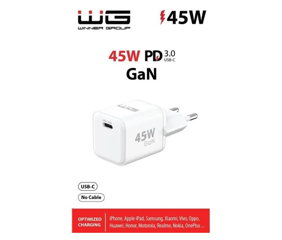 WG - Síťová nabíječka GaN 1x USB-C, PD PPS 45W, bílá