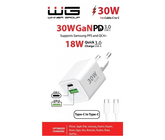 WG - Síťová nabíječka GaN 2x USB 30W, 1x USB-C PD3.0 PPS QC4 30W + USB-A 18W, kabel Type-C na Type-C, bílá