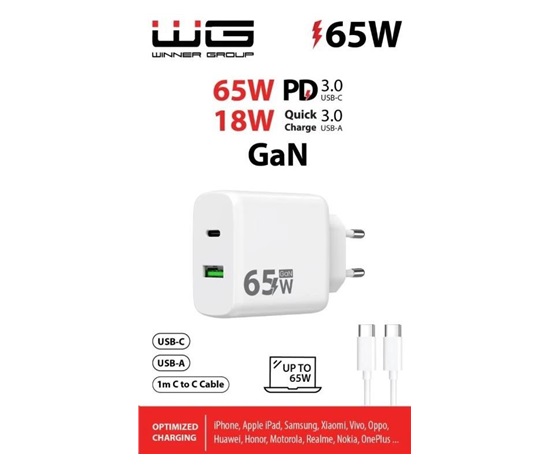 WG - Síťová nabíječka GaN 2x USB 65W, 1x USB-C PD 65W + 1x USB-A QC 3.0 18W, kabel Type-C na Type-C, bílá