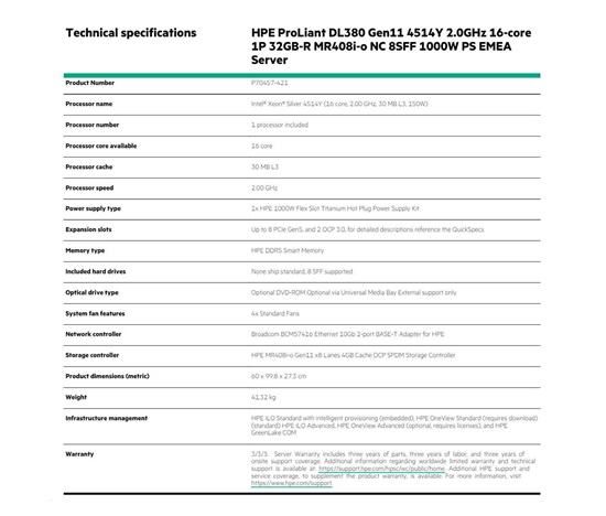 HPE PL DL380g11 4514Y (2.0/16C/30M) 32G (p64706) MR408i-o/4G 3x8SFF 1000W 2x10G-T P70457-421 RENEW
