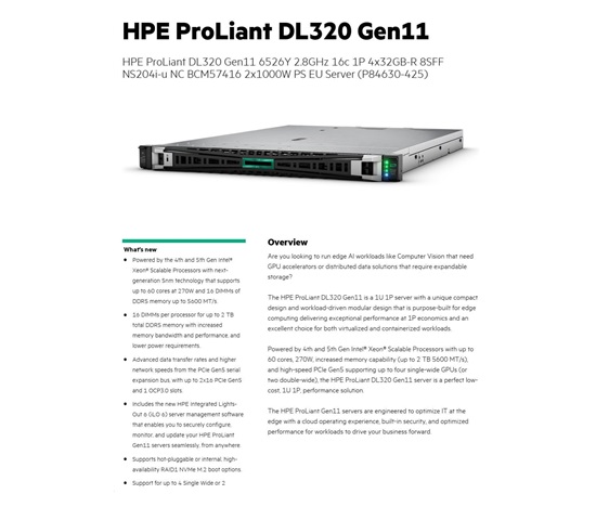 HPE PL DL320g11 6526Y (2.8/16C) 4x32G (p64706) 8SFF NS204(2x480Gm.2) 2x1000W 2p10GT 7F Smart Choice