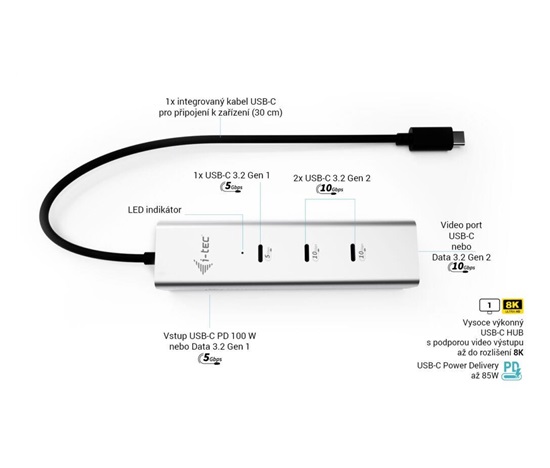 i-tec USB-C Charging Metal HUB 5port with USB-C video 8K, Power Delivery 85W