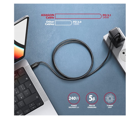 AXAGON BUCM4X-CM05AB, NewGEN+ kabel USB-C <-> USB-C, 0.5m, USB4 Gen 3×2, PD 240W 5A, 8K HD, ALU, oplot, czarny