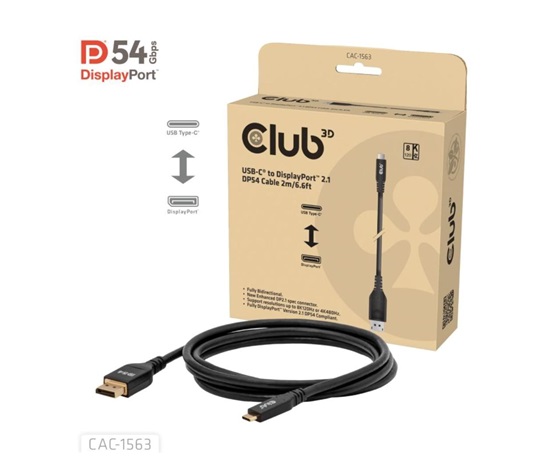 Club3D Kabel USB-C na DisplayPort 2.1 DP54 Bi-Directional, 8K120Hz, 4K480Hz, 2m