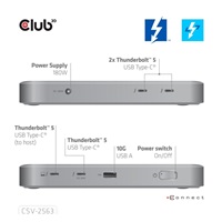 Club3D hub Thunderbolt 5 5v1, 3x USB-C TB5, 1x USB-A, 1x8K60Hz, 3x 5K60Hz, certifikace Thunderbolt Share, 180W