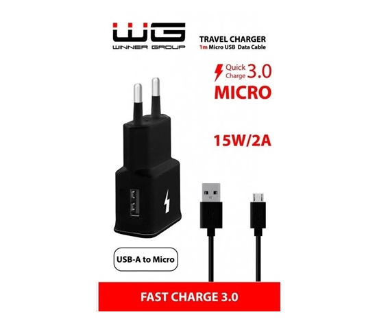 WG - Síťová nabíječka 1x USB-A, Quick Charge 3.0, 5V-9V-12V + kabel USB-A na Micro USB, black