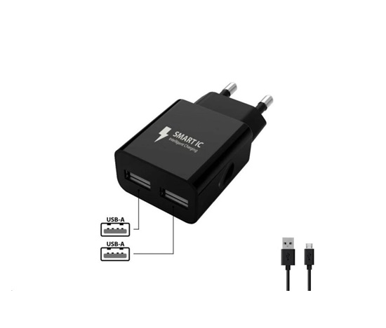 WG - Síťová nabíječka 2x USB-A 2,4A , Smart IC + kabel USB-A na Micro USB, black