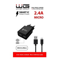 WG - Síťová nabíječka 2x USB-A 2,4A , Smart IC + kabel USB-A na Micro USB, black
