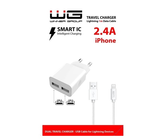WG - Síťová nabíječka 2x USB-A 2,4A , Smart IC + kabel USB-A na Lightning, white