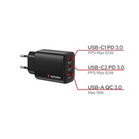 VERBATIM GaN Nabíječka Essentials 65W, 2xUSB-C, 1xUSB-A, černá