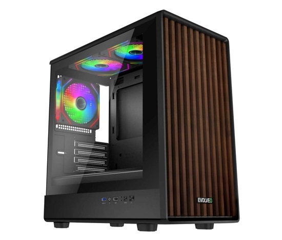 EVOLVEO Panthera, skříň mATX, 3x ARGB ventilátor 120mm, dřevěný přední panel + skleněná bočnice