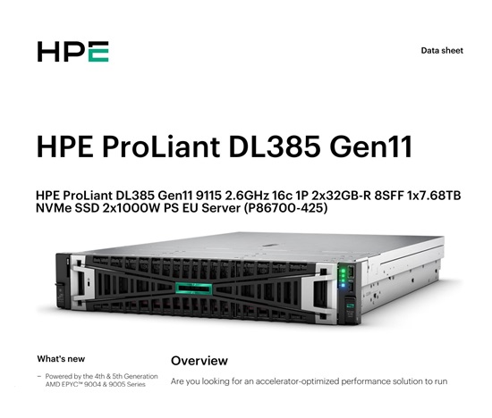 HPE PL DL385g11 AMD EPYC 9115 (2.6/16C) 2x32G (P64985) 1x7.68TB NVMe 2x1000W 8SFF 2p10GT Smart Choice