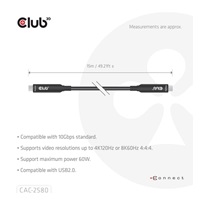 Club3D Kabel USB-C, 10 Gbps, 4K120Hz, 8K60Hz, 60W, Bi-directional, 15m, černá