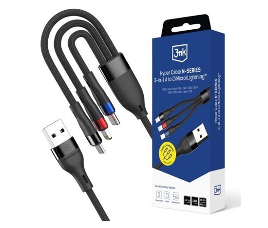 3mk kabel Hyper Cable N-SERIES A to C/Lightning/Micro 1.2m 9V/2A 18W QC3.0 Black