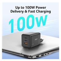 ACER Adaptér 100W GaN charger, 3porty: 2x USB-C + 1x USB-A ports, EU a UK zástrčka, textilní obal, black