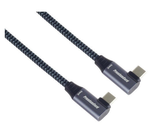 PremiumCord USB-C 2x zahnutý kabel ( USB 3.2 GEN 2x2, 5A, 100W, 20Gbit/s ) bavlněný oplet, délka: 1m